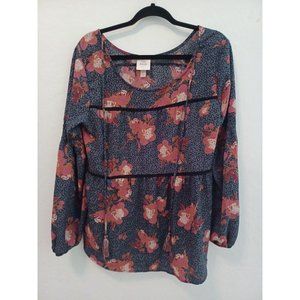 Knox Rose Top Blouse Womens Sz L Black Floral Peasant Boho Casual Tasseled